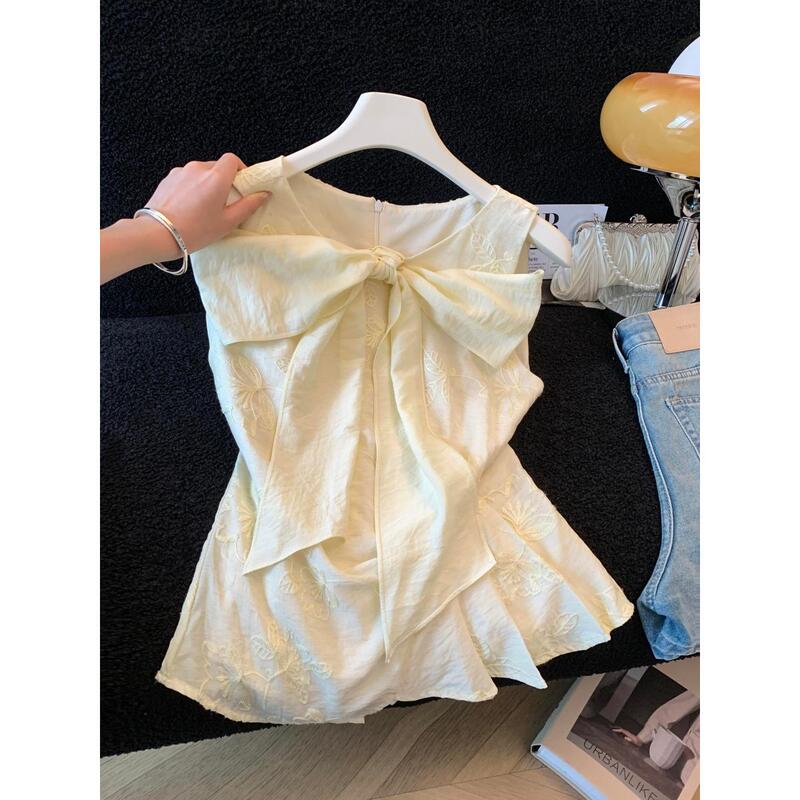 Korean-Style Elegant Sleeveless Chiffon Blouse with Ribbon Bow, Summer Loose Fit Slimming Top for Women