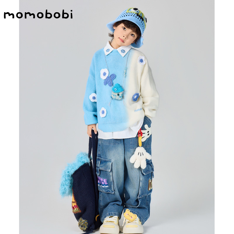 Momobobi LAOSHU New Children's Sweater Korean Gradient Long-Sleeve Pullover Knitwear Stylish Versatile Floral Top