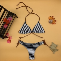 Europe and America 2019 new bikini triangle tether strap black and white striped bikini small chest half hip swimsuit