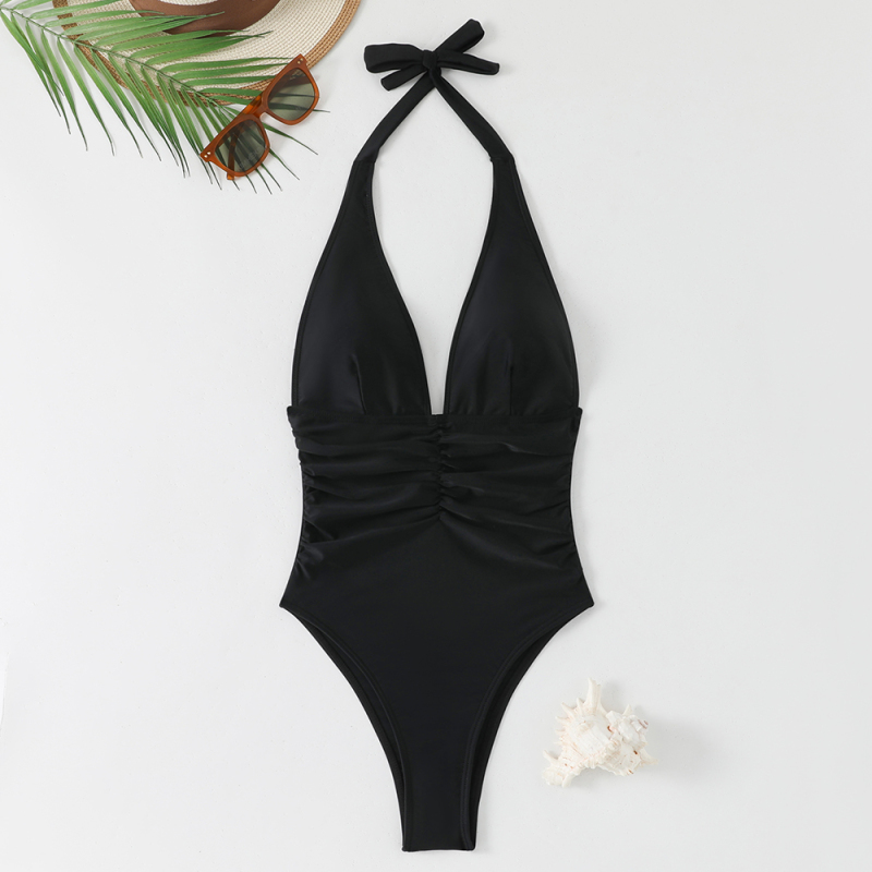 European and American New Style Solid Color Sexy Cross-Border One-Piece Triangle Beach Spa Swimsuit Aliexpress Amazon Swimwear
