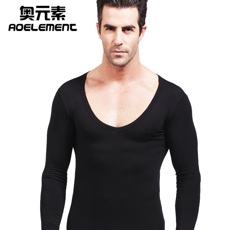 Men's Low-Neck V-Neck Modal Thermal Autumn Shirt, Single Piece Base Layer, Cotton Sweater, Thin Top, Underwear