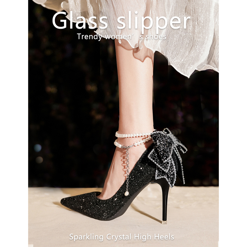 Black Bow Knot Wedding Shoes 2026 New High Heels Women's Stiletto Main Wedding Dress Sequin Diamond Crystal 18Th Birthday Coming-Of-Age Ceremony