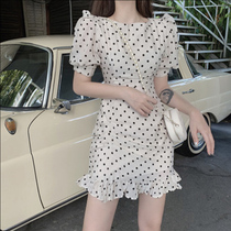 Special offer original 138 fashion court style bellflower French long tide wave point white sweet dress with waist and thin