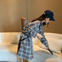 Large size slim fit long-sleeved all-match bottoming skirt summer French retro over the knee straps plaid inner dress