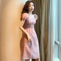 Special summer new light cooked style summer thin long tide square neck chic Hong Kong flavor temperament dress slim and sweet