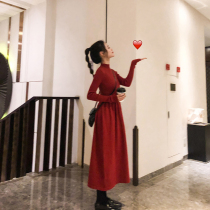 2022 Spring loaded new women Herbendy style long sleeve red knit dress with waist display slim temperament long dress
