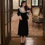 Весеннее дизайнерское ретро кружевное черное платье, коллекция 2021, городской стиль, тренд сезона, французский стиль