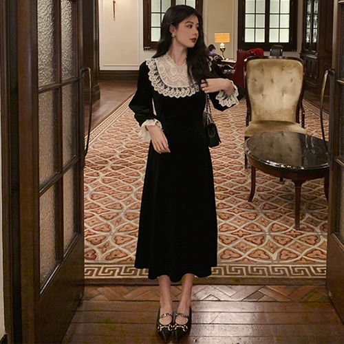 Весеннее дизайнерское ретро кружевное черное платье, коллекция 2021, городской стиль, тренд сезона, французский стиль