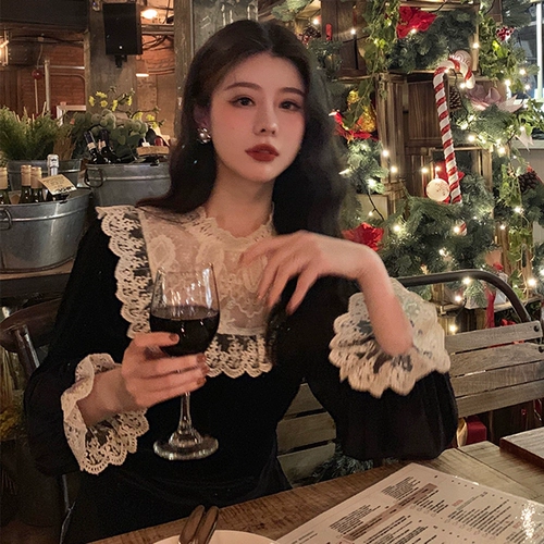 Весеннее дизайнерское ретро кружевное черное платье, коллекция 2021, городской стиль, тренд сезона, французский стиль