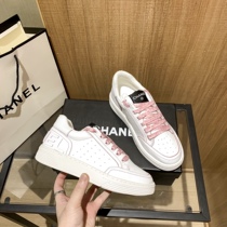  CHANEL Chanels new round head breathable pink shoelace lace-up casual low-top letter printing white shoes