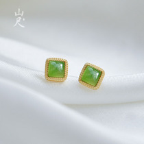 New dexterity -- natural and field jade jade square ear spikes 925 pure silver plated 18k gold earrings minimalist pop earrings