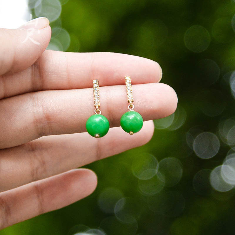Mountain ruler) Ningbi jadeite round bead earrings niche design 18k bag gold ear pin female summer earrings earrings high-end sense