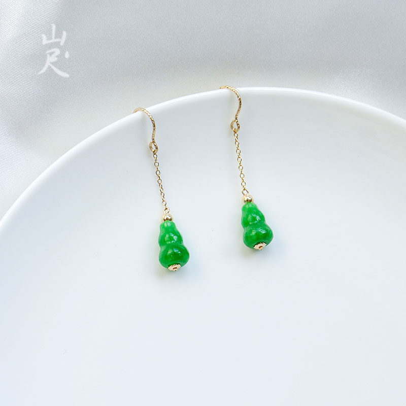 Forre -- natural ancient wind hyacinth emerald dry green earrings 18k bag gold fashion earrings rich and expensive anti-allergy earrings