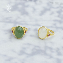 Powder White Deli Green -- Natural And Tian Jade Jade White Jade Ring 925 Pure Silver Jade Adjustable Ring Brief