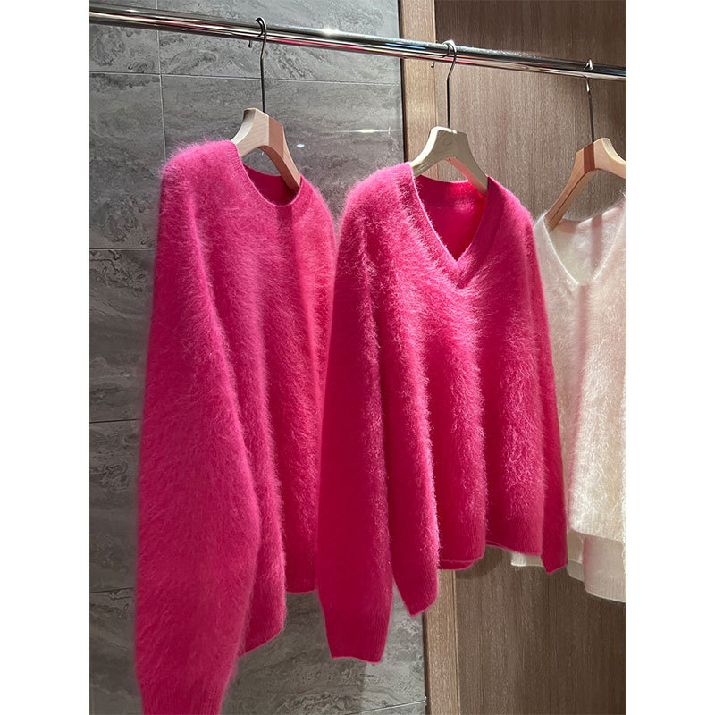 French Rose Red Imitation Mink Velvet Knitwear for Women in Autumn and Winter, Lazy Style, Gentle and Soft Pullover Knitwear, Long-Sleeved Top