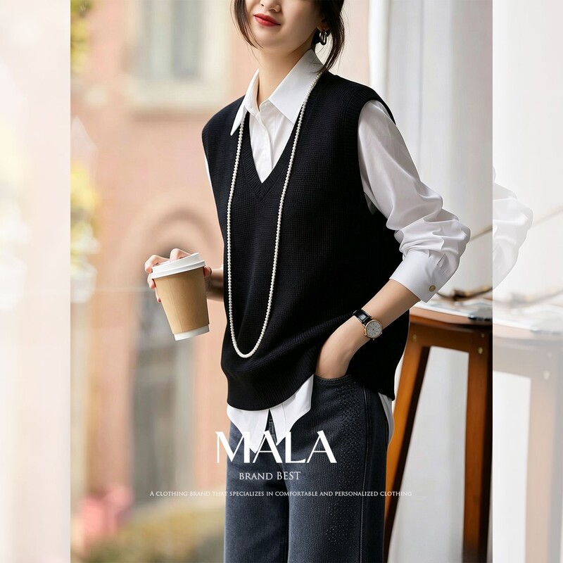 Fashionable V-Neck Cashmere Knit Vest for Women, Loose Fit, Slimming, Solid Color Sweater Vest Top