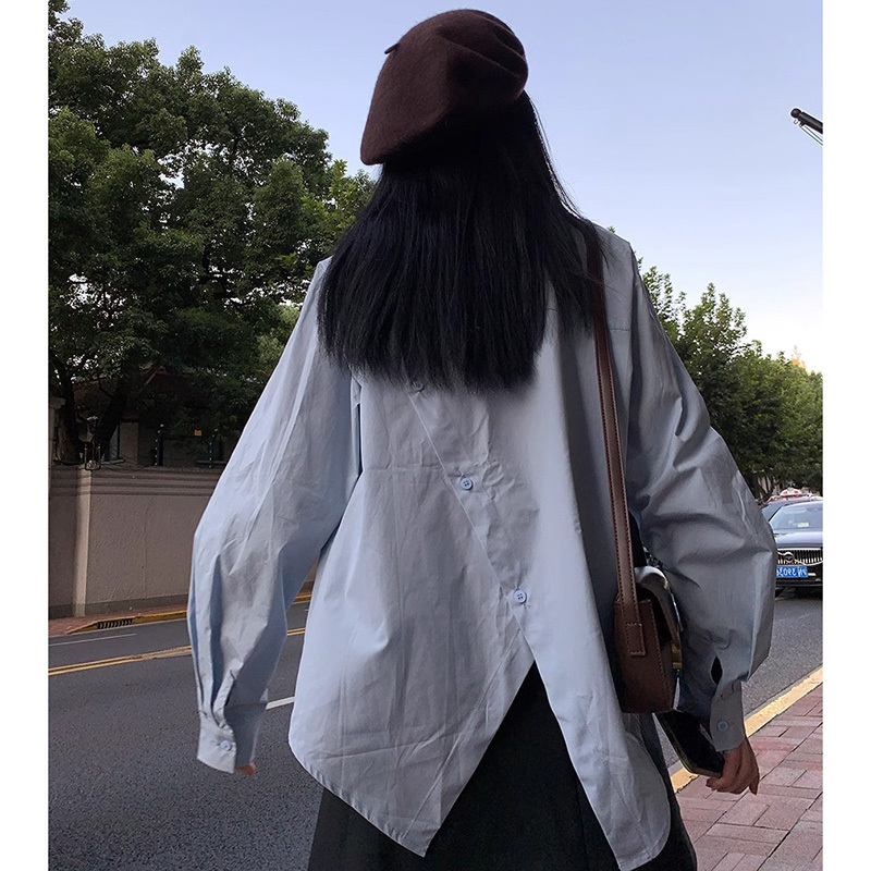 Designed Pointed Collar Zipper Shirt for Women, Early Spring New Style, Loose Korean Style Shirt with Back Slit, Unique Long-Sleeved Top