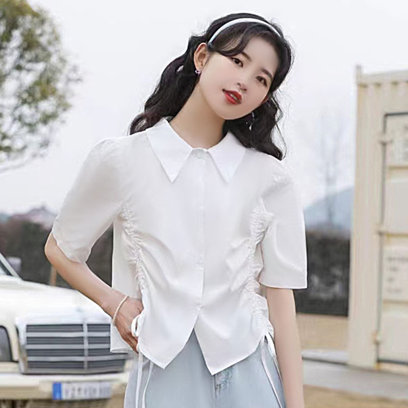 Design-Focused, Unique Drawstring White Shirt for Women, 2026 New Summer Short-Sleeve Shirt, Chic Short Top