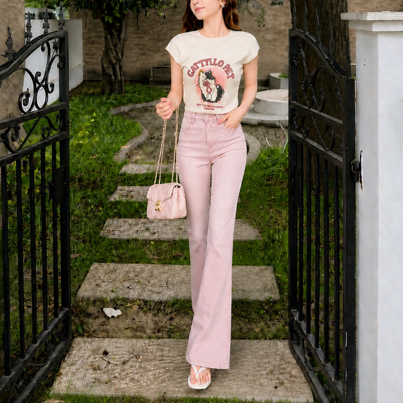Summer Pink Tencel Lyocell Jeans New Popular Style for Outings, Flared, Elegant, Versatile, Slimming Bell-Bottom Pants Summer Pink Tencel Lyocell Jeans New Popular Style for Outings, Flared, Elegant, Versatile, Slimming Bell-Bottom Pants