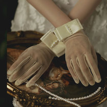 Appreciation wedding gloves White New imitation pearl bow Super fairy bride gloves all finger short wedding wedding wedding