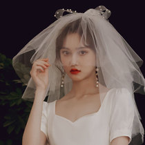 Bride head yarn multi-layer puffy wedding dress cover plain yarn imitation pearl wedding license tour small head yarn headdress accessories