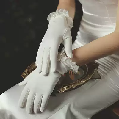 Bride wedding gloves white lace satin gloves wedding dress new short full finger imitation pearl gloves