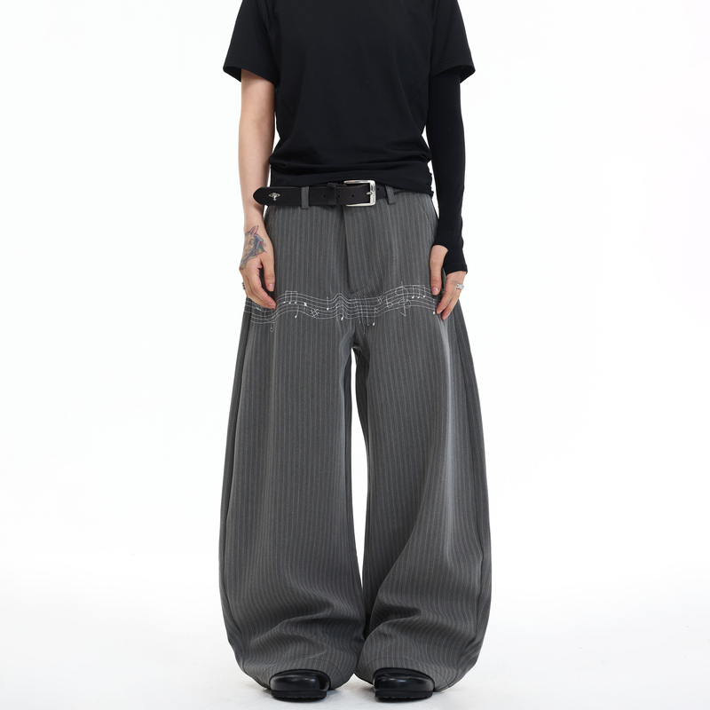 Kisko High-End Striped Embroidered Line Pattern Drape Casual Trousers for Men and Women, New Loose Straight-Leg Scimitar Pants