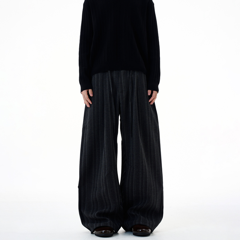 Kisko American-Style High-End Vertical Striped Pleated Drape Casual Pants for Men and Women, Loose Straight-Leg Drawstring Floor-Length Pants