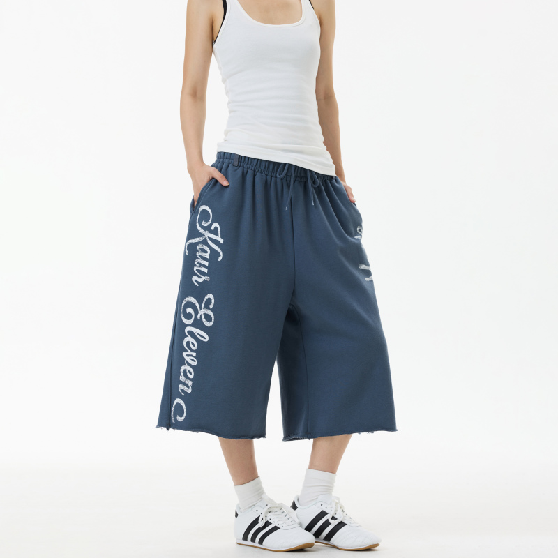 Kisko American-Style Letter Print Distressed Drawstring Wide-Leg Sweatpants for Men and Women, Summer Loose Casual Sports Cropped Pants