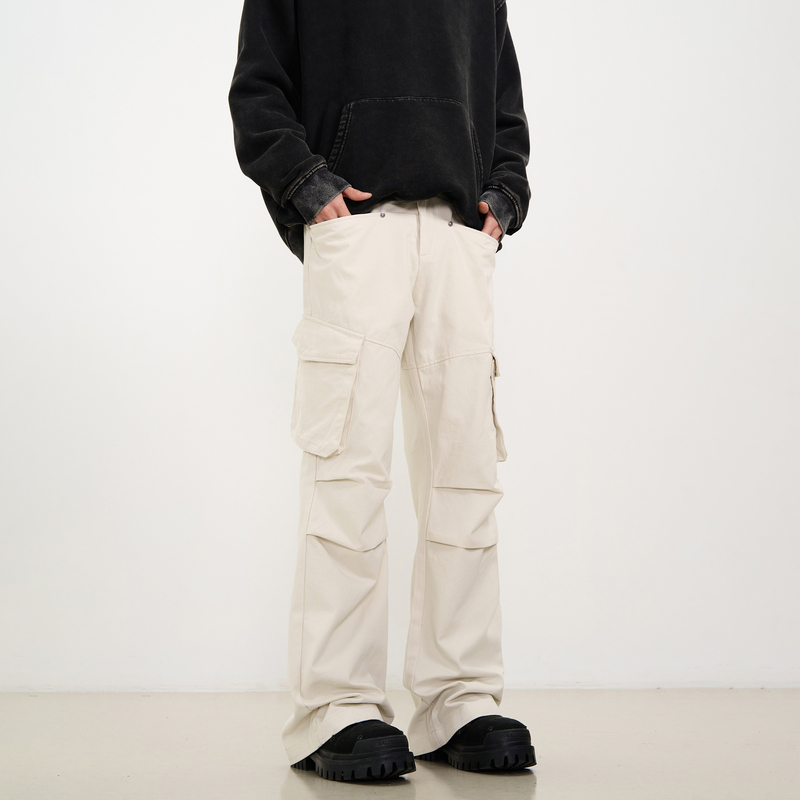 Kisko Niche American-Style Pleated Paratrooper Off-White Cargo Pants for Men and Women with Multiple Pockets, Loose Straight-Leg Casual Pants
