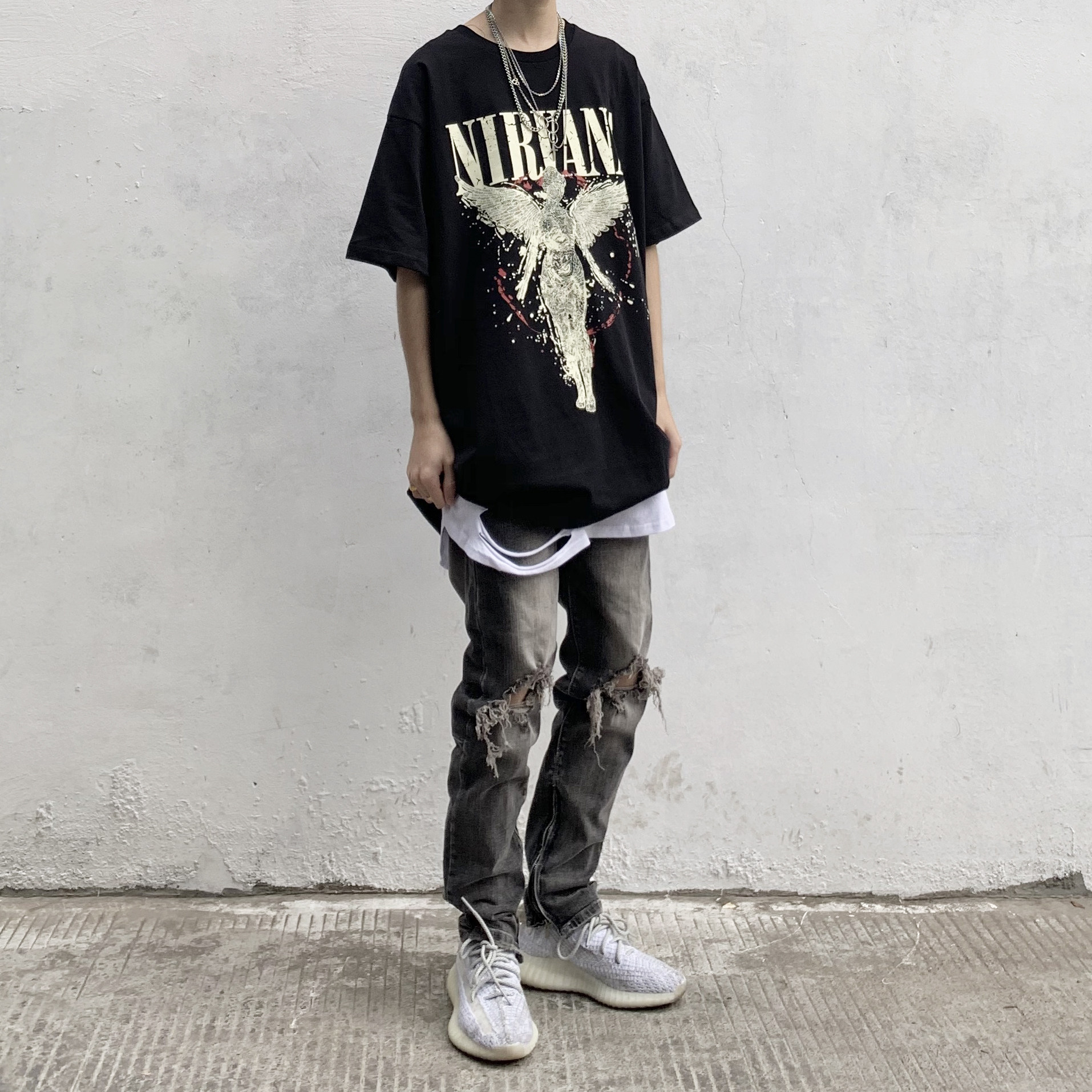 Gang gang GOFB Europe and the United States high Street rock Punk style Hip-hop trend brand short-sleeved Nirvana angel loose retro T-shirt men