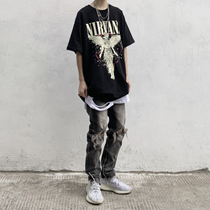 Gang gang GOFB Europe and the United States high Street rock Punk style Hip-hop trend brand short-sleeved Nirvana angel loose retro T-shirt men