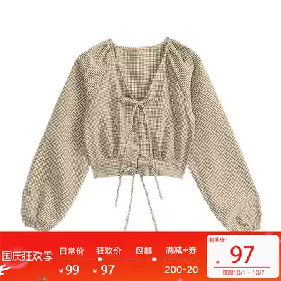 Designer Plus plaid shirt women 2021 new design sense niche lace-up bow short version shirt