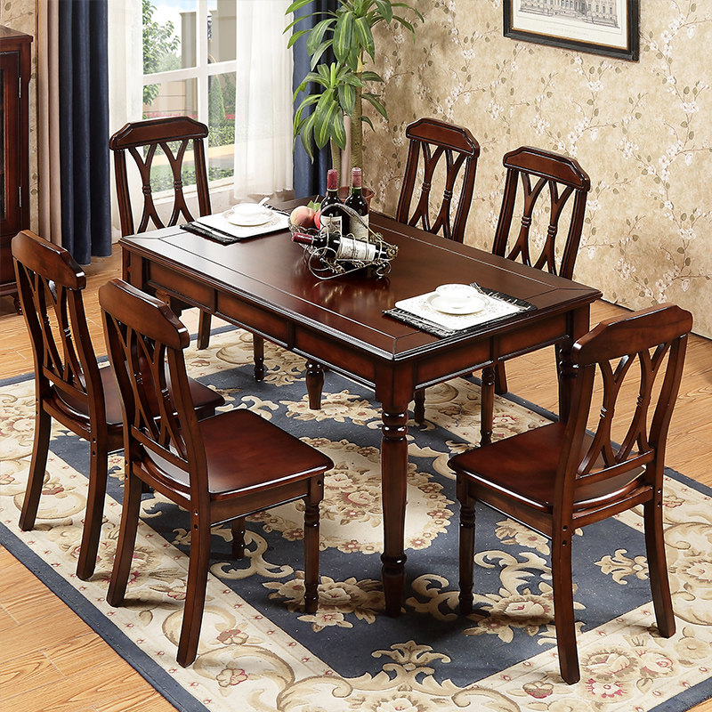 Solid Wood Dining Table And Chairs Combined Rectangular American Countryside Fields Garden Retro 6 People 8 People Home Strip Dining Table