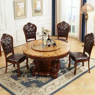 European-style dining table and chair combination Round marble round table with turntable American dining table solid wood dining table Household 8 10 people