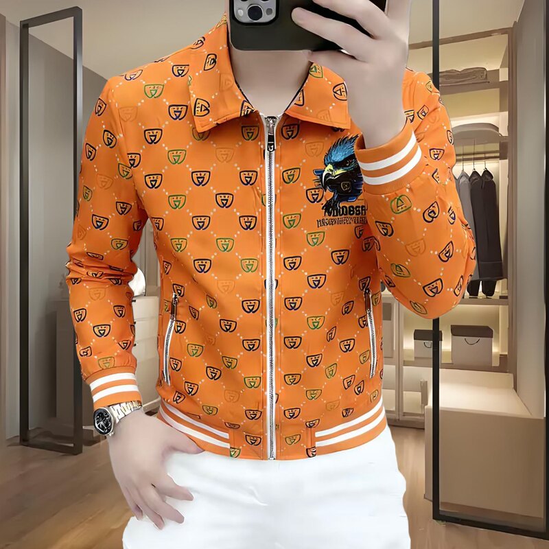 European High-End Spring New Men's Lapel Jacket, Fashionable and Unique Eagle Print, Slim Fit, Versatile Thin Coat