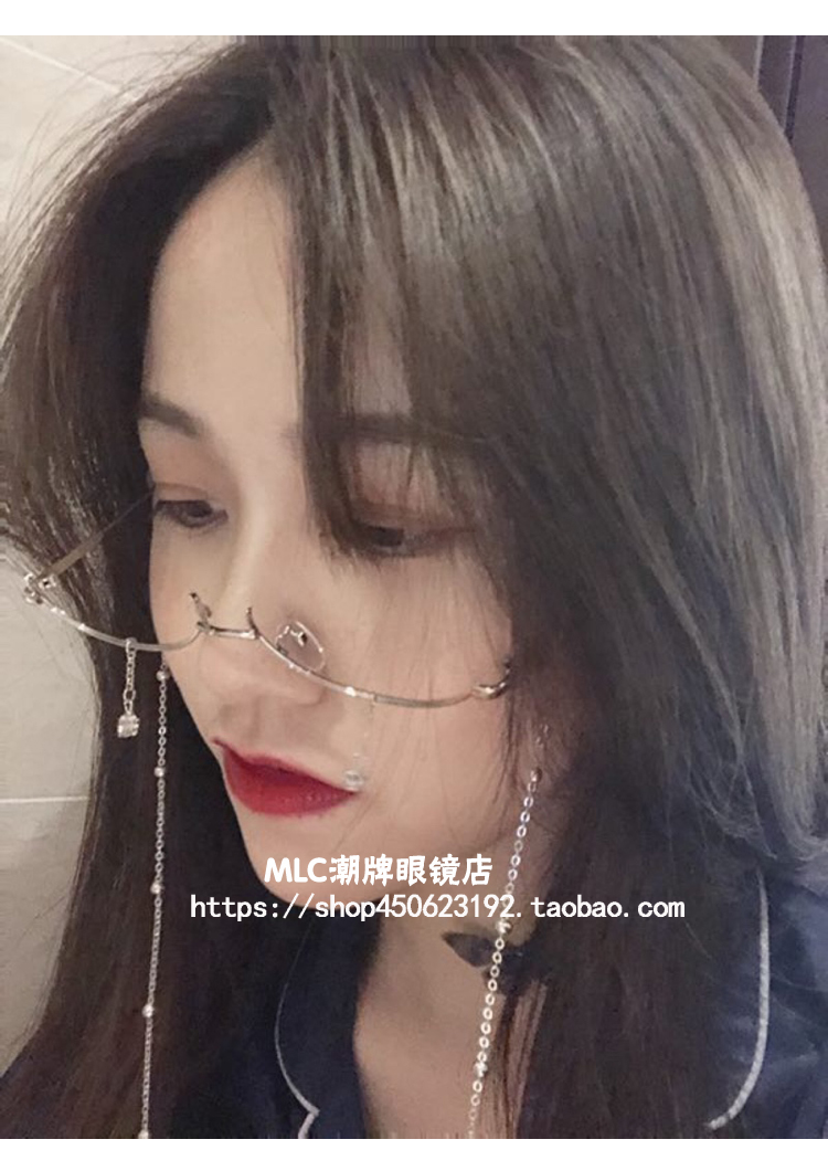 Rung nửa khung dưới kính thả kính nữ màu đỏ với chuỗi trang trí mặt dây chuyền kính trong khung kính - Kính khung kính không độ