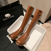 Genuine Leather Round Head Rider Boots Woman 2021 Autumn Winter New Flat-bottomed Long Silo Boot Side Zipped High Cylinder However Knee-length Boots