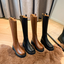 Brown Western Boots Woman 2021 Autumn Winter New Rider Boots Genuine Leather Round Head Long Cylinder Boots Small Tall Cylinder Boots