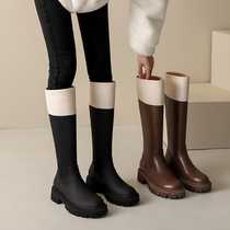 Real Leather Slim Long Drum Boots Womens Thick Bottom Rider Boots Round of Color High-cylinder Boots Pine Pastry Bottom 100 Hitch Boots-Boots Autumn Winter