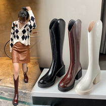 High heel Long cylinder boot Women v mouth Slim Rider Boots Fat Mm Thick Leg Long Boots Rough Heel Genuine Leather Big Cylinder Enclosure Boots New