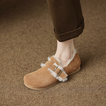Lingge studio design plush shoes womens leather round toe flat casual snow shoes apricot plus velvet single shoes trend