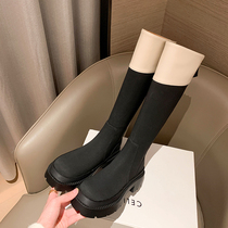 2021 New Rider Boots Woman Real Leather Parquet Color Long Cylinder Boots With Round Head Thick Base Slim High Cylinder Boots Though Knee-length Boots