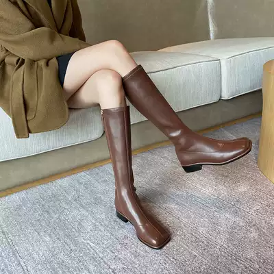 (Lingo studio)Square head riding boots women's elastic thin boots women's mid-tube boots thin version of knee-high boots
