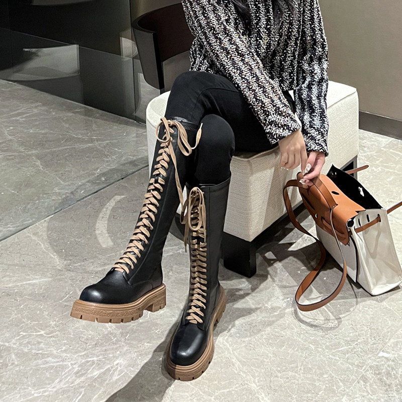 Lingo studio lace-up color-blocking boots women's 2022 autumn and winter new knight boots thick-soled slim tall boots