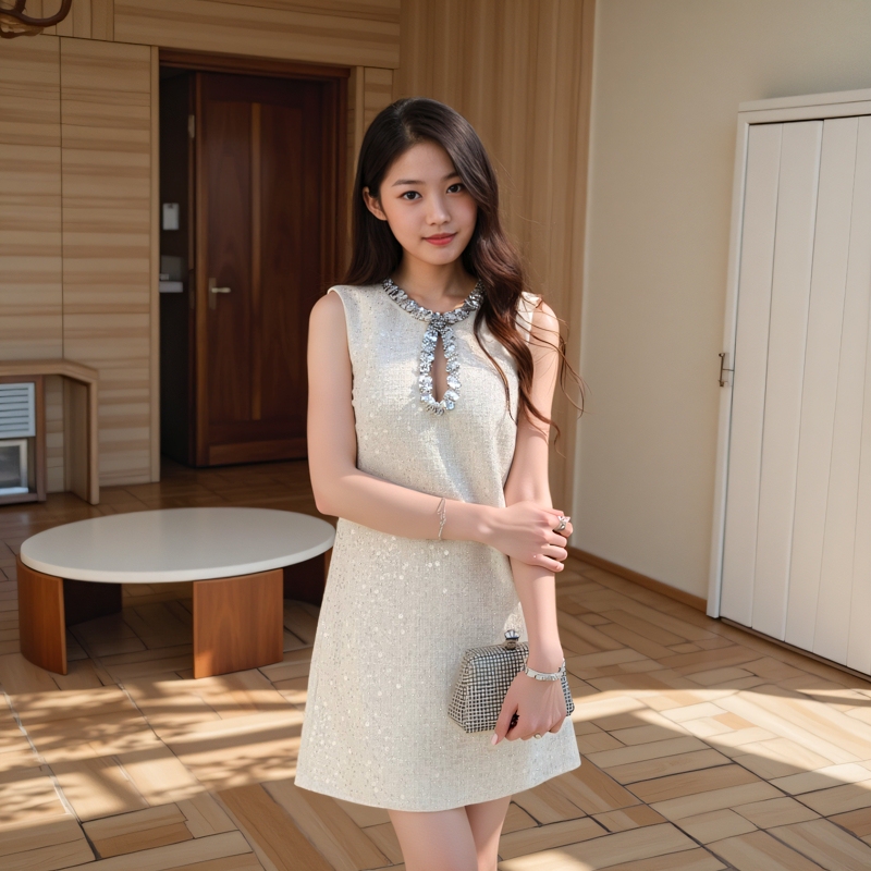 Spring and Summer New Women's Clothing, French Socialite Style, Round Neck, Diamond-Encrusted Sequins, Hollow-Out, Slimming Sleeveless Vest Dress