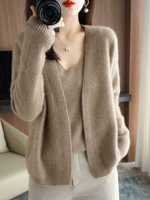 Оригинальный кашемировый весенний осенний кардиган, однотонный трикотажный шерстяной свитер