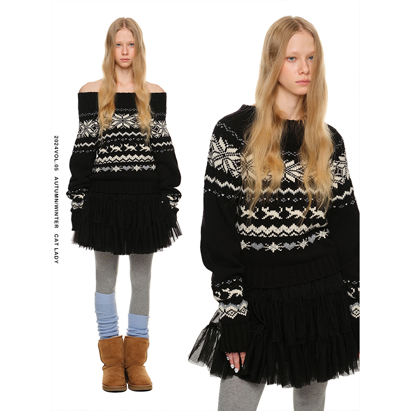 1Jinn Studio Retro Coarse-Knit One-Shoulder Fair Isle Sweater Autumn and Winter Loose Christmas Top Jacket for Women