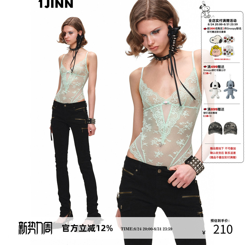 【Jing Di Same Style】1Jinn Studio Lace Mesh Patchwork Camisole Bodysuit Sexy See-Through Women's Top
