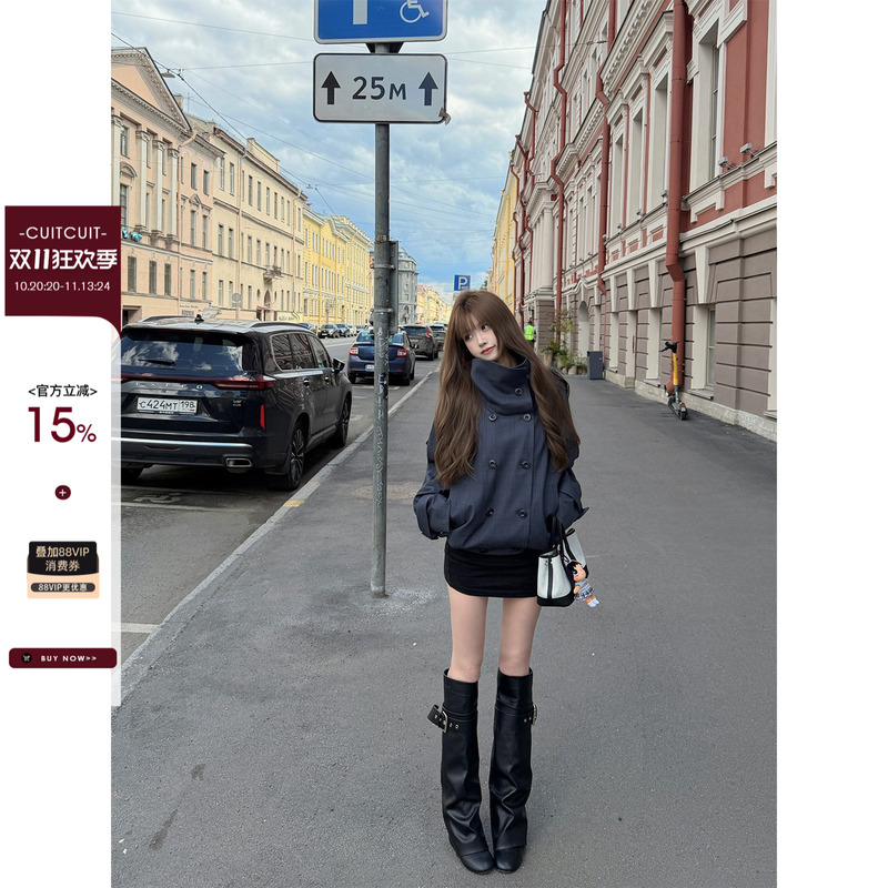 Cuitcuit Peter's Old Story Tr Plaid Double-Breasted Trench Coat for Women, Autumn Short Design with Stand Collar Jacket